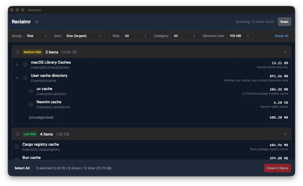 Reclaimr app showing cache scan results grouped by risk level
