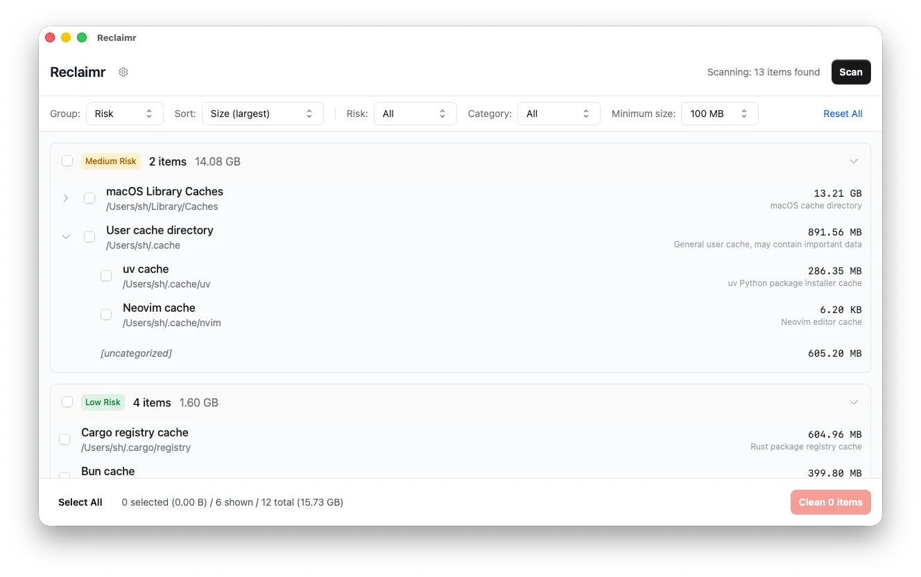 Reclaimr app showing cache scan results grouped by risk level